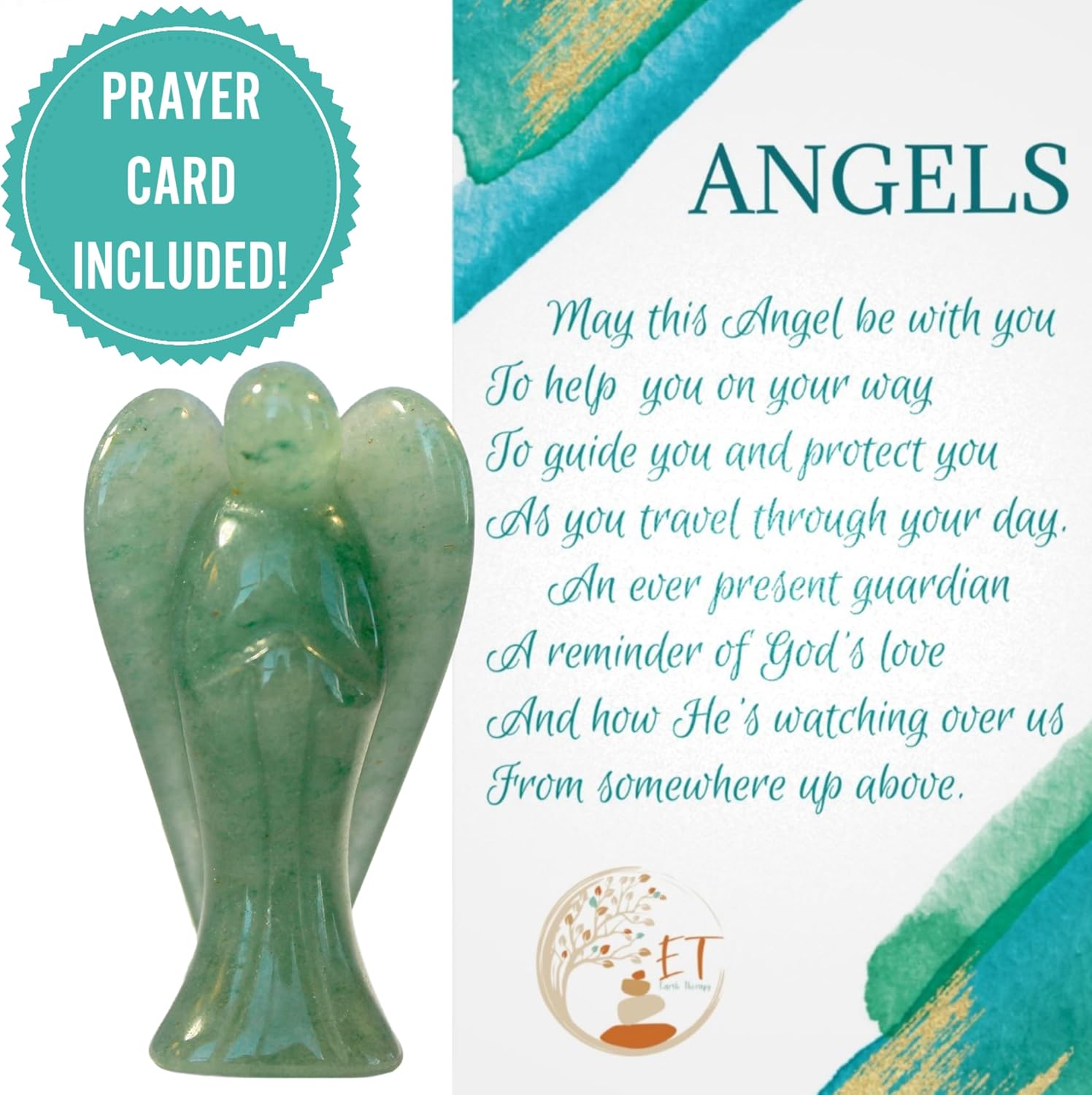 Original Pocket Guardian Angel with Serenity Prayer Card - Green Aventurine Healing Stone Figurine