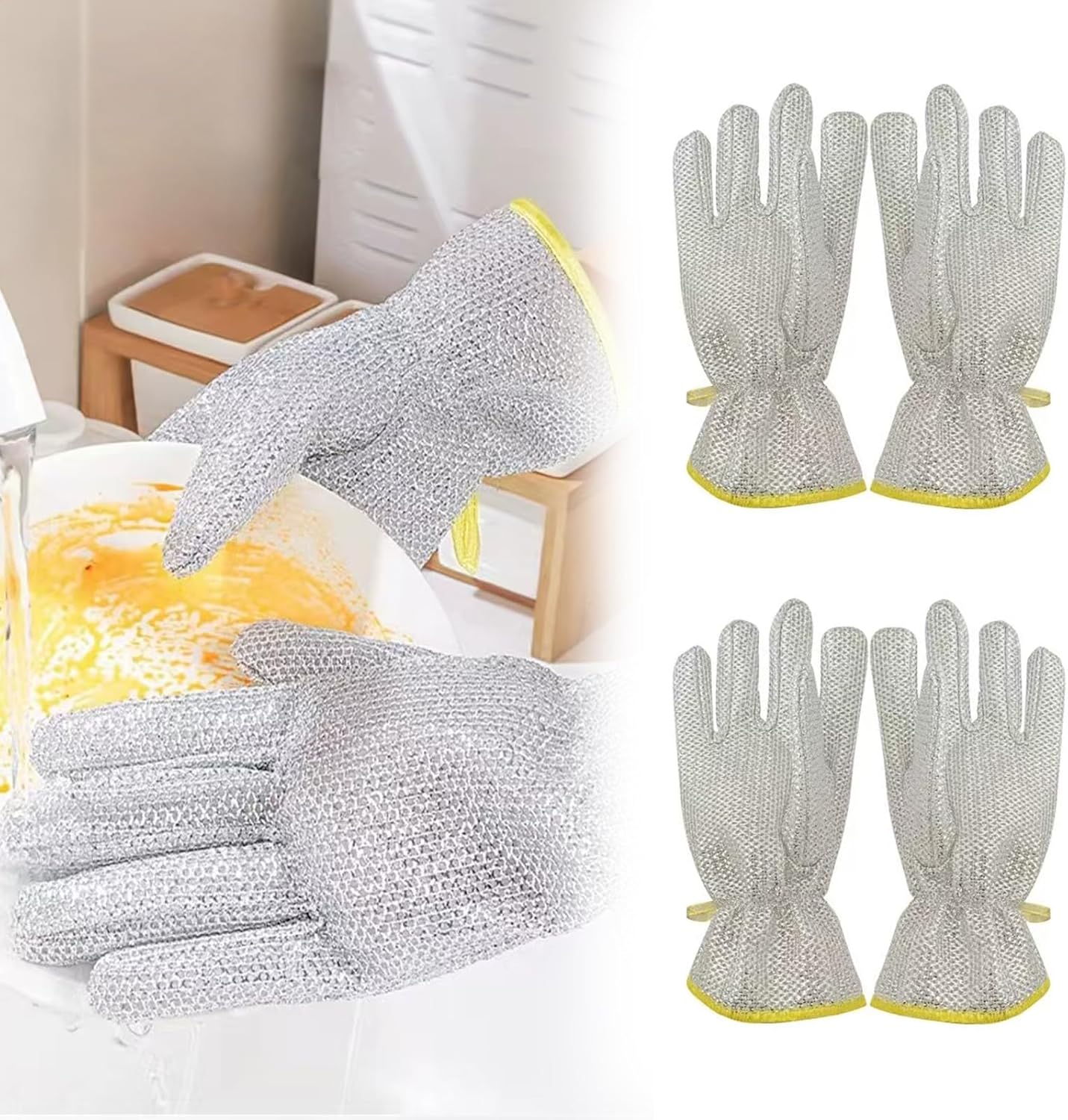 2 Pairs Metal Wire 5-Finger Dishwashing Gloves