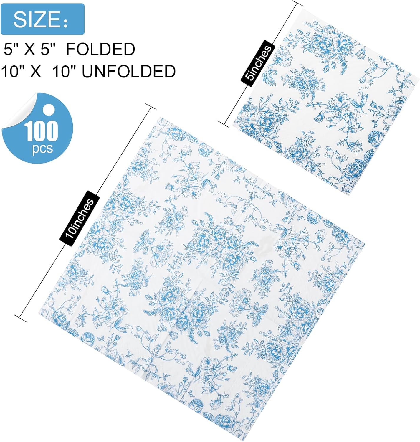 100 Pack Blue Floral Cocktail Napkins for Parties and Events