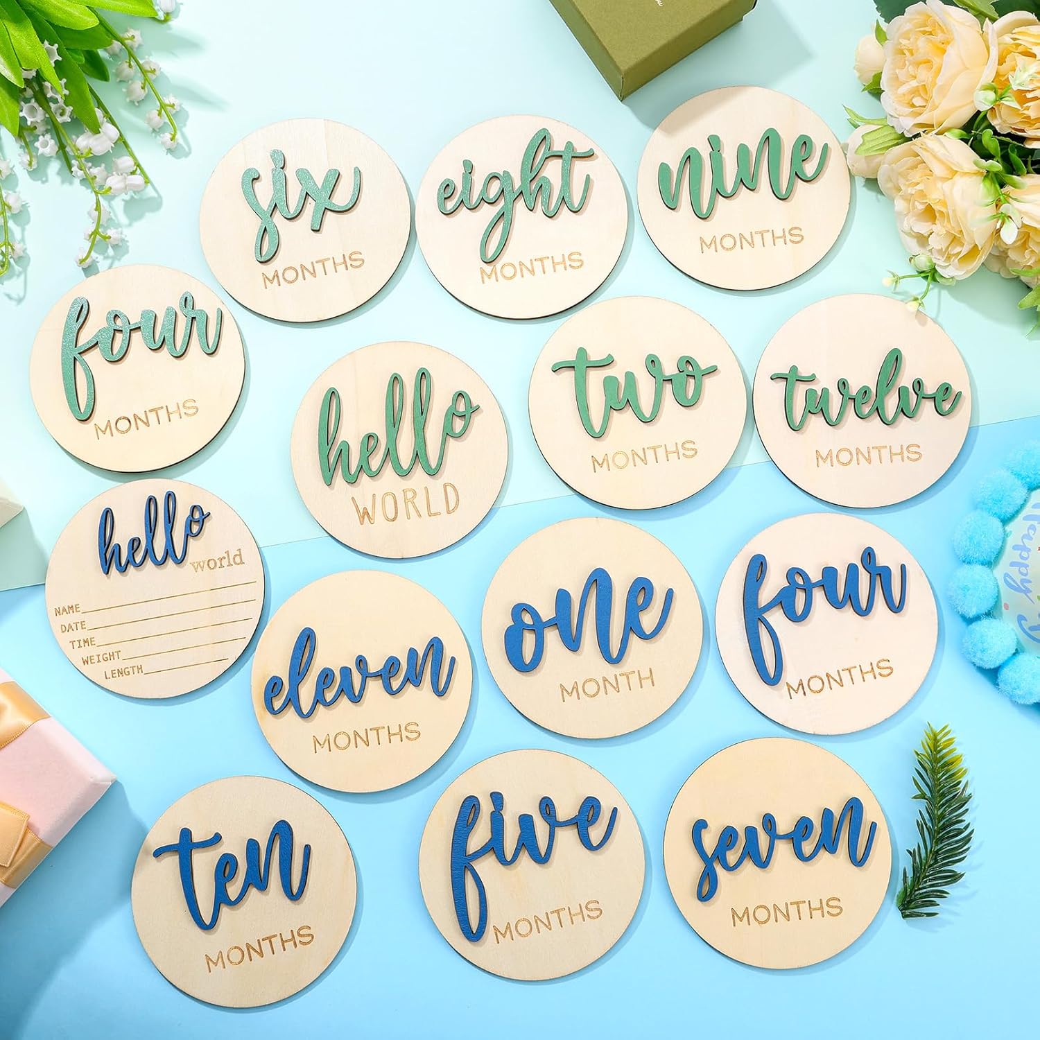 HIYZI 7 Piece Baby Milestone Wooden Signs 1-12 Months