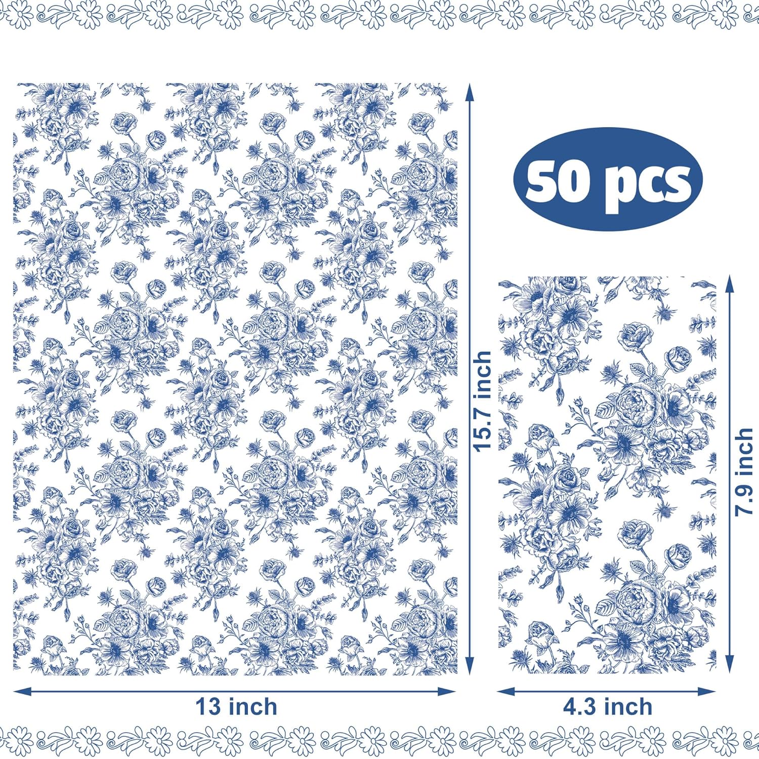 50 Pack Blue Floral Paper Napkins for Parties and Home Use