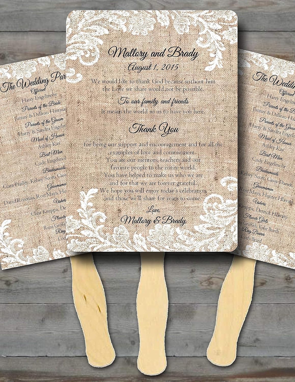 Personalized Wedding Fans Set of 10 Rustic Burlap and Lace