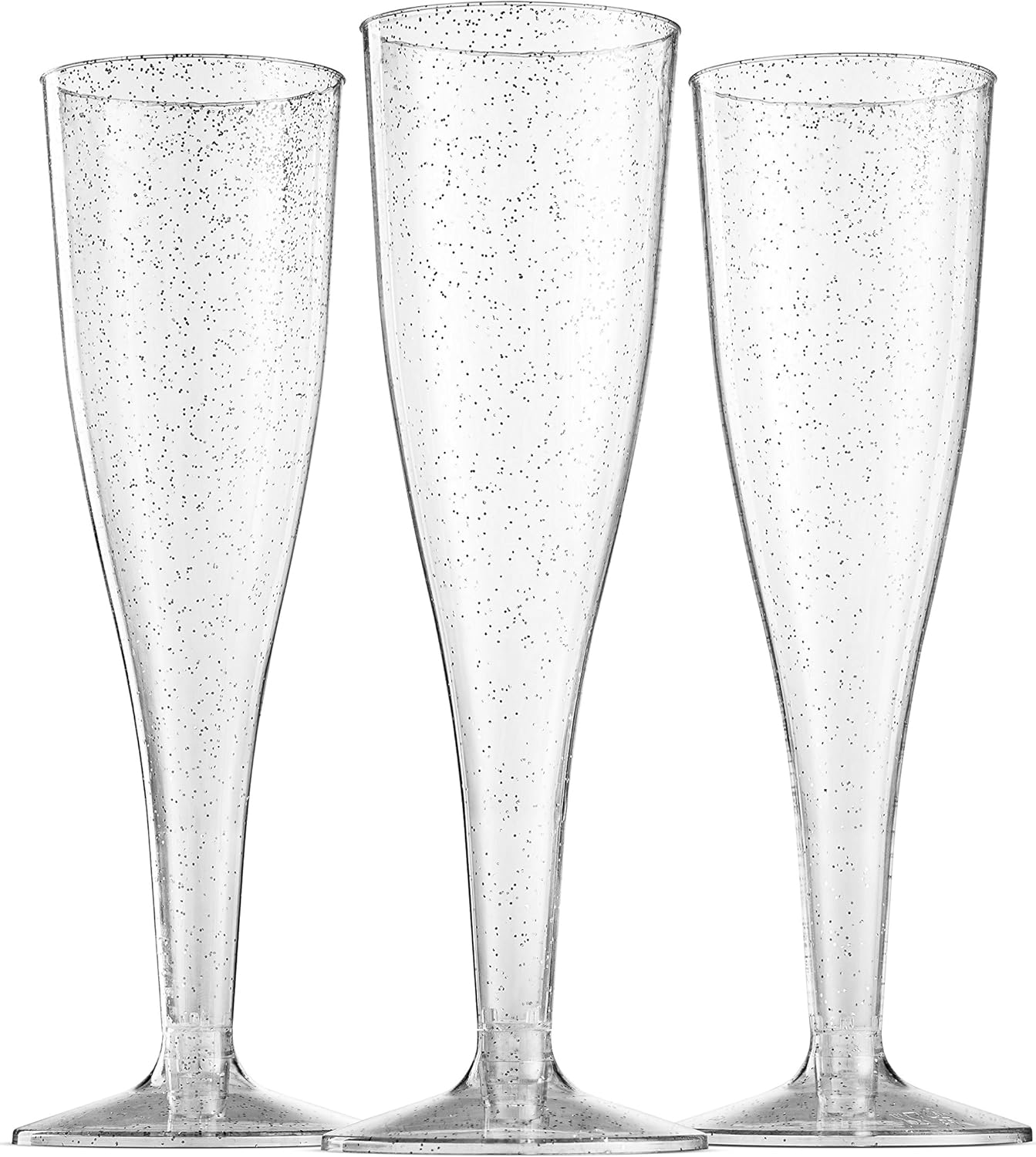 100 Plastic Champagne Flutes 5 Oz Disposable Silver Glitter Glasses for Parties