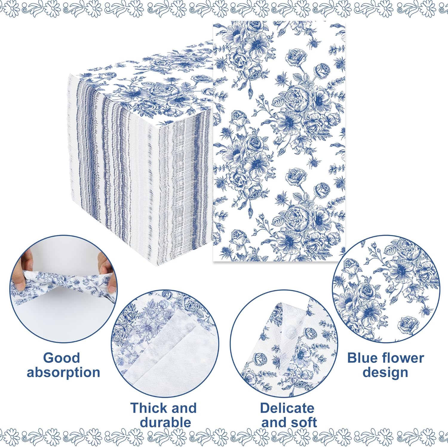 50 Pack Blue Floral Paper Napkins for Parties and Home Use