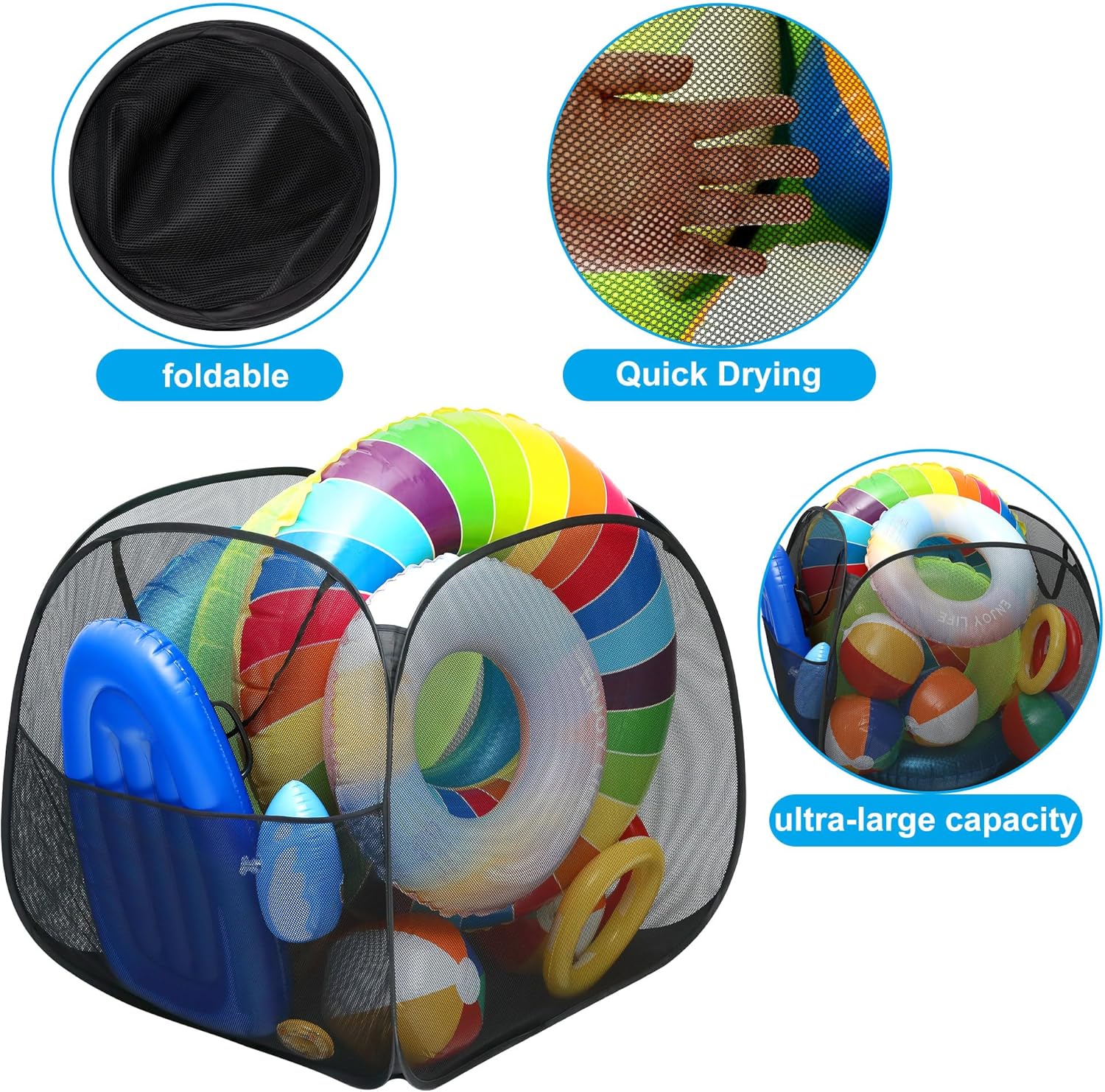 Adnee Pool Toy Storage Bin 30x30x30 Nylon Mesh Organizer