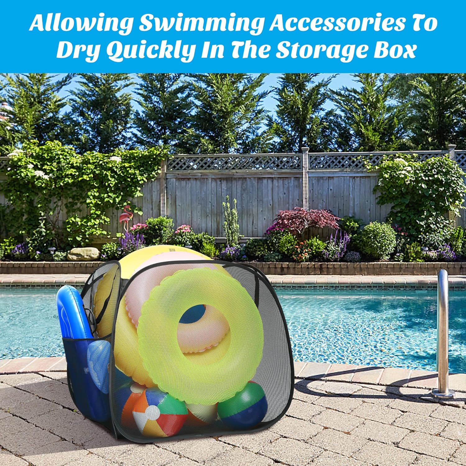 Adnee Pool Toy Storage Bin 30x30x30 Nylon Mesh Organizer