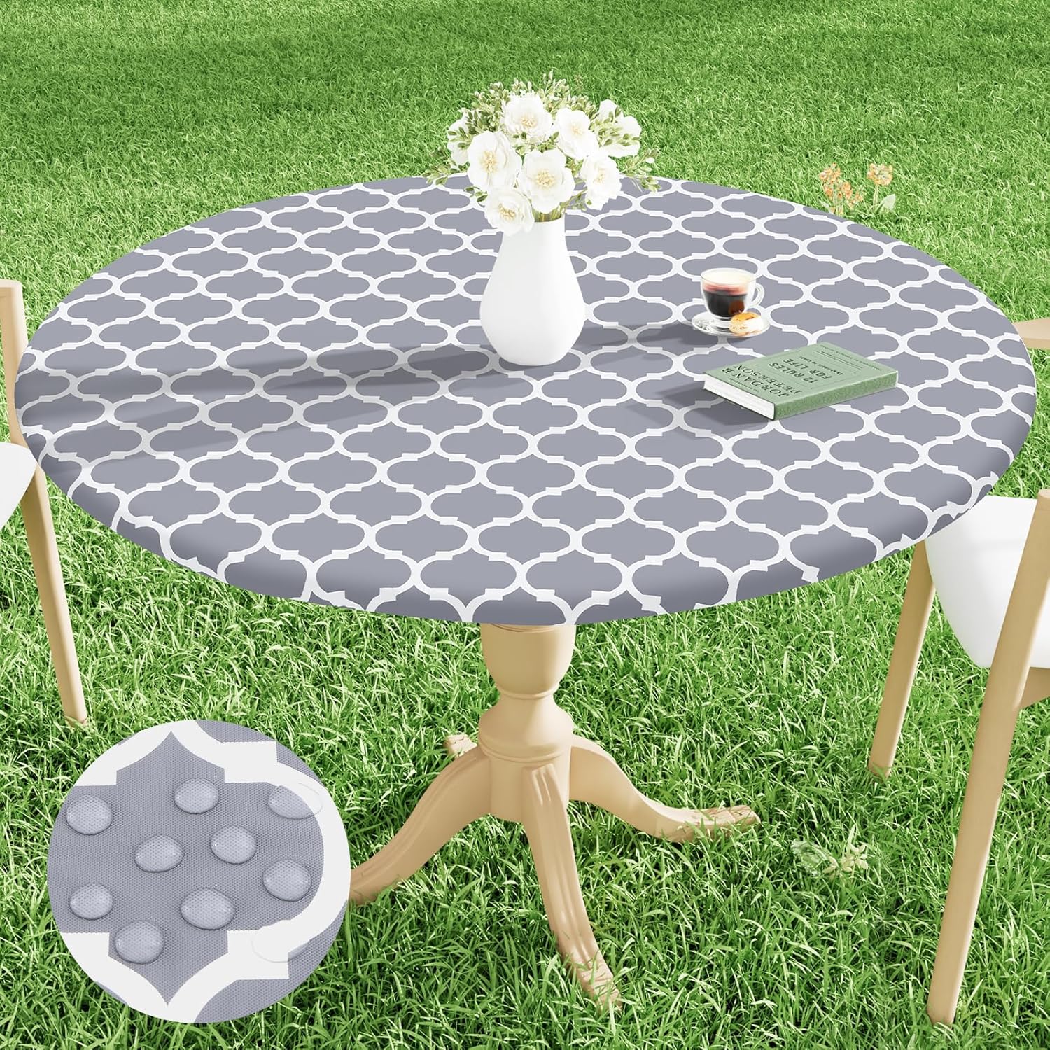 Smiry Round Tablecloth Waterproof Wipeable Grey White