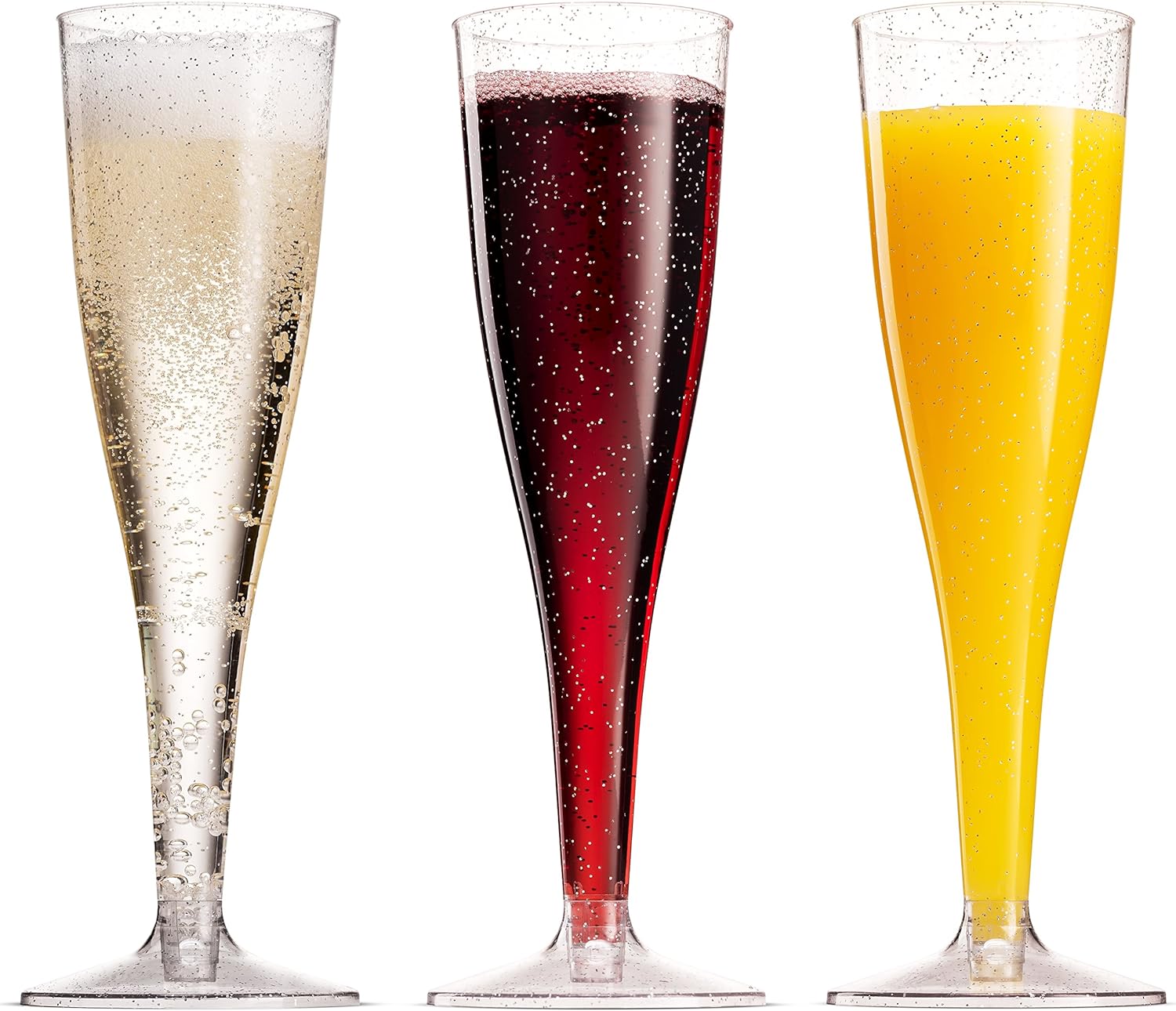 100 Plastic Champagne Flutes 5 Oz Disposable Silver Glitter Glasses for Parties