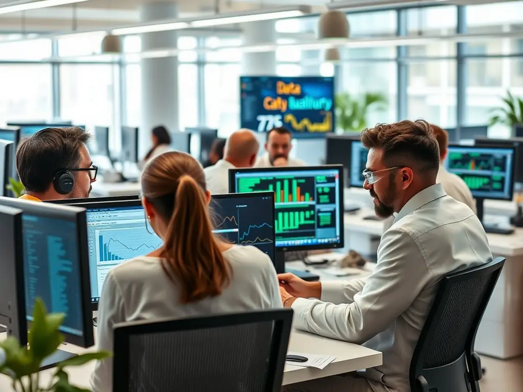 An image depicting data scientists analyzing data and developing machine learning models, using advanced software and tools.