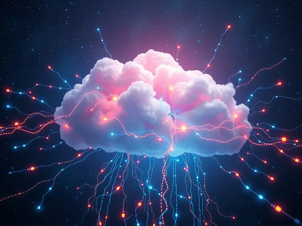 A dynamic image of data flowing into a cloud server, illustrating ZenithLabs' cloud computing solutions and their ability to improve scalability and reduce operational costs.